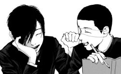 Rule 34 | 2boys, book, buzz cut, closed eyes, dafu (litchi hikari club), eyepatch, facing another, gakuran, greyscale, grin, hair over one eye, hand on own cheek, hand on own face, head rest, highres, holding, holding book, holding pencil, kaneda riku, litchi hikari club, long sleeves, male focus, medical eyepatch, monochrome, multiple boys, one eye covered, open mouth, pencil, school uniform, short hair, simple background, smile, upper body, very short hair, wymaaa