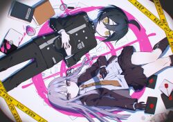 1boy 1girl a_sa_gohan ahoge black_gloves black_hair black_headwear black_jacket black_ribbon blood blunt_bangs book braid breast_pocket brown_necktie buttons collared_shirt danganronpa:_trigger_happy_havoc danganronpa_(series) danganronpa_v3:_killing_harmony double-breasted envelope gloves grey_shirt hair_ribbon highres holding jacket kirigiri_kyoko long_hair looking_at_viewer looking_up lying magnifying_glass miniskirt necktie nissin_cup_noodle on_back open_clothes open_jacket orange_eyes pink_blood pleated_skirt pocket ribbon saihara_shuichi shirt short_hair side_braid skirt