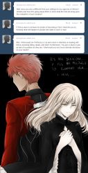 1boy 1girl archer_(fate) archer_(fate)_(cosplay) artoria_pendragon_(fate) back-to-back blonde_hair cosplay emiya_shirou english_text fate/stay_night fate_(series) gothic_lolita height_difference highres lolita_fashion long_hair own_hands_clasped own_hands_together pale_skin red_hair saber_(fate) saber_alter saber_alter_(gothic_lolita) spoilers tumblr tusia wide_sleeves yellow_eyes