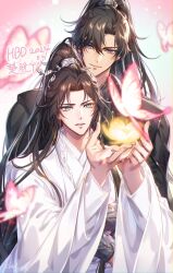 2boys absurdres birthday black_hair black_hanfu blurry blurry_foreground brown_hair bug butterfly character_name chinese_clothes chu_wanning closed_mouth dated erha_he_tadebai_mao_shizun flower glowing_butterfly glowing_flower gradient_background grey_eyes hanfu high_ponytail highres hug insect korean_commentary long_hair long_sidelocks long_sleeves looking_ahead looking_at_another looking_at_flowers male_focus mo_ran multiple_boys pink_background pink_butterfly ponytail purple_eyes ribbon ribboned_xiao_guan sidelocks smile upper_body white_background white_hanfu white_ribbon wide_sleeves xiao_guan_(headdress) yaoi yellow_flower zehel_az