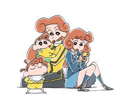 Rule 34 | 1girl, :d, age difference, age progression, aged up, baby, bib, black pants, black shoes, blue skirt, blue socks, carrying, carrying baby, carrying person, cellphone, closed eyes, crayon shin-chan, fluffy hair, gloves, green gloves, hand on own hip, highres, holding, holding phone, kneehighs, looking at another, necktie, no sclera, nohara himawari, oooori1101, open mouth, orange hair, pants, phone, scarf, school uniform, shoes, short hair, simple background, sitting, skirt, smile, socks, standing, twintails, white background, white scarf