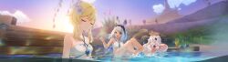 3girls absurdres bad_source bare_shoulders bathing bikini blonde_hair blue_hair blue_nails body_markings breasts casual_one-piece_swimsuit closed_eyes cloud criss-cross_halter criss-cross_straps dark-skinned_female dark_skin dress_swimsuit facing_viewer feet flower game_cg genshin_impact grass hair_flower hair_ornament hairband halo halterneck hawaiian_clothes highres innertube legs legs_up long_hair lumine_(genshin_impact) lumine_(hot_springs)_(genshin_impact) mualani_(genshin_impact) mualani_(hot_springs)_(genshin_impact) multiple_girls nail_polish official_alternate_costume one-piece_swimsuit onsen open_mouth outdoors paimon_(genshin_impact) paimon_(hot_springs)_(genshin_impact) partially_submerged pink_innertube pointing red_eyes same-sex_bathing shared_bathing short_hair_with_long_locks sitting sky small_breasts smile soles sun swim_ring swimsuit tan third-party_source toenail_polish toenails toes water wet white_bikini white_hair yellow_nails
