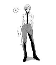 1girl chainsaw_man collared_shirt eyepatch formal_clothes greyscale haru_rice hashtag-only_commentary highres long_sleeves monochrome necktie pant_suit pants quanxi_(chainsaw_man) shirt shoes solo suit