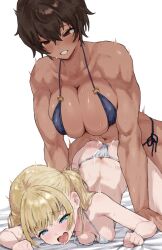 2girls all_fours ass bent_over blonde_hair blue_eyes blush breasts brown_hair clothed_sex competition_school_swimsuit cum dark-skinned_female dark_skin doggystyle dry_humping futa_with_female futanari hanging_breasts height_difference highres humping implied_futanari kei_(m_k) large_breasts long_hair m_k multiple_girls original ponytail red_eyes rika_(m_k) school_swimsuit sex sex_from_behind short_hair simple_background size_difference sweat swimsuit tall_female tan tomboy top-down_bottom-up vaginal