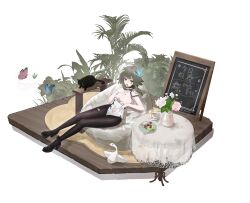 1girl absurdres animal bird black_cat black_nails black_pantyhose black_shoes blush breasts bug butterfly cat cleavage clothing_cutout commentary_request cup flower food fork goose green_hair high_heels highres hy199802 insect large_breasts leotard long_hair menu_board mug nail_polish navel navel_cutout o-ring original pantyhose pink_flower plate purple_eyes shoes simple_background single_wrist_cuff solo table tongue tongue_out torn_clothes torn_pantyhose white_background white_flower white_leotard wrist_cuffs