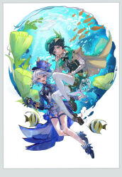 1girl absurdres ahoge air_bubble angelfish ascot beret black_hair black_shoes blue_eyes blue_hair blue_hat blue_jacket braid bubble cape fish full_body furina_(genshin_impact) genshin_impact gradient_hair green_shorts hair_between_eyes hat heterochromia high_heels highres jacket loafers long_hair long_sleeves looking_at_viewer multicolored_hair ocean open_mouth pantyhose school_of_fish seaweed shirt shoes shorts smile streaked_hair suisuiing thigh_strap top_hat tropical_fish twin_braids underwater venti_(genshin_impact) white_hair white_pantyhose white_shirt