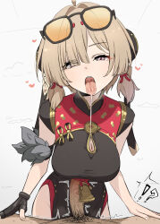 1boy 1girl black_dress black_pubic_hair blonde_hair breasts censored china_dress chinese_clothes cleavage_cutout clothing_cutout donutman dress eyewear_on_head fingerless_gloves gloves hetero highres large_breasts male_pubic_hair mosaic_censoring open_mouth paizuri penis pubic_hair purple_eyes saliva single_glove solo_focus sunglasses sweety_(zenless_zone_zero) tinted_eyewear tongue tongue_out yellow-tinted_eyewear zenless_zone_zero