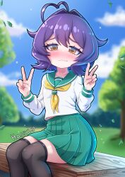 Rule 34 | 1girl, absurdres, ahoge, bench, black thighhighs, blue sky, blurry, blush, brown eyes, closed mouth, cloud, depth of field, double v, eyebrows hidden by hair, feet out of frame, full-face blush, green sailor collar, green skirt, hair between eyes, hassylep, heart, heart ahoge, highres, hiiragi utena, mahou shoujo ni akogarete, on bench, park, park bench, pleated skirt, purple hair, sailor collar, school uniform, shirt, short hair, signature, sitting, skirt, sky, solo, thighhighs, v, wavy mouth, white shirt, zettai ryouiki