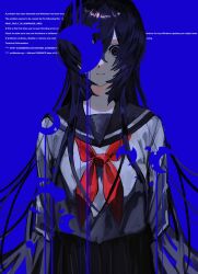1girl black_eyes black_hair black_sailor_collar black_skirt blue_background blue_screen_of_death closed_mouth cowboy_shot decided_218 error_message expressionless glitch highres long_hair long_sleeves looking_at_viewer neckerchief one_eye_covered original pleated_skirt red_neckerchief sailor_collar school_uniform serafuku shirt skirt solo standing white_shirt