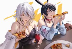2girls absurdres bare_shoulders black_hair blue_shirt callista_(notgustiarp) choker commentary english_commentary food highres holding holding_food holding_pizza jewelry multiple_girls nail_polish necklace notgustiarp off_shoulder original pizza pizza_slice red_choker red_nails shirt short_hair upper_body white_background white_hair yellow_eyes