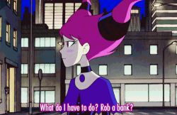 1boy 1girl animated animated_gif black_choker blue_eyes blush_stickers building choker dc_comics grin jinx_(dc) kid_flash lowres mask matching_hair/eyes night outdoors pink_eyes pink_hair road short_hair slit_pupils smile street subtitled tagme talking teen_titans upper_body wally_west