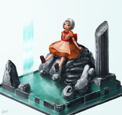 absurdres bow commentary_request diorama doll doll_joints dress frilled_dress frills green_eyes grey_hair haguruma_rapt hairband highres joints livee mini_person minigirl orange_dress original red_bow red_hairband red_shoes rock ruins shoes signature sitting stone_pillar waist_bow water waterfall white_background