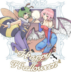 2girls abdomen_tail animal_ears antennae bird_ears bird_wings blue_pantyhose blush breasts bridal_gauntlets cleavage cosplay darkstalkers fingernails ginnkei green_eyes green_hair green_nails happy_halloween highres leotard lilith_(darkstalkers) lilith_(darkstalkers)_(cosplay) long_fingernails medium_breasts multiple_girls mystia_lorelei nail_polish one_eye_closed open_mouth pantyhose pink_eyes pink_hair purple_pantyhose q-bee q-bee_(cosplay) red_leotard short_hair smile touhou white_wings wings wriggle_nightbug