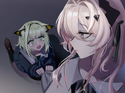 2girls absurdres animal_ears arknights black_bow black_eyes black_serafuku black_shirt black_skirt black_socks bow chinese_commentary closed_mouth commentary_request green_eyes green_hair grey_sailor_collar highres kal&#039;tsit_(arknights) kneeling long_hair long_sleeves looking_at_another mikuning multiple_girls on_floor open_mouth pink_hair profile pulling_another&#039;s_clothes sailor_collar school_uniform serafuku shirt short_hair skirt socks tearing_up theresa_(arknights) yellow_pupils