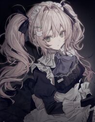 1girl :o animal_hair_ornament apron ascot black_background black_bow black_dress black_gloves blue_ascot blue_gemstone bow breasts brooch brown_hair center_frills collared_dress commentary_request contrast_collar dark_background double-parted_bangs dress dust frilled_apron frilled_dress frills from_above gem gloves gradient_background green_eyes grey_background hair_between_eyes hair_bow hair_intakes hair_ornament hairclip highres hinomiya_shiyou_(ly05yy) jewelry juliet_sleeves lace lace-trimmed_ascot lace_gloves long_hair long_sleeves looking_at_viewer looking_to_the_side looking_up maid maid_apron maid_headdress medium_breasts muted_color name_tag original parted_lips puffy_sleeves raised_eyebrows shadow sidelocks skirt_hold solo thick_eyelashes twintails underbust upper_body white_apron