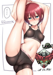 ... 1girl ^_^ amate_yuzuriha aqua_eyes black_shorts black_sports_bra cameltoe closed_eyes covered_erect_nipples crop_top english_text flexible gquuuuuux gundam gundam_gquuuuuux highres holding_own_leg kneepits leg_hold leg_lift leg_up looking_at_viewer mecha ment midriff mixed-language_text mobile_suit red_hair robot short_hair shorts solo split sports_bra sportswear standing standing_on_one_leg standing_split zaku
