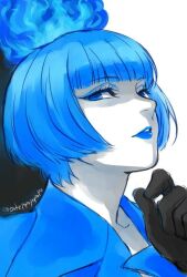 Rule 34 | 1girl, animification, artist request, black gloves, blue fire, blue hair, blue lips, disneyland, fiery hair, fire, formal clothes, gloves, lipstick, long sleeves, looking at viewer, makeup, ms. hades, non-web source, simple background, solo, source request