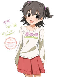 1girl akagi_miria baba_arumi black_hair blush brown_eyes commentary_request idolmaster idolmaster_cinderella_girls looking_at_viewer open_mouth pleated_skirt short_hair skirt smile solo two_side_up