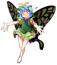 1girl \||/ alphes_(style) antennae aqua_hair barefoot blush butterfly_wings commentary_request dairi double_\||/ dress eternity_larva full_body green_dress insect_wings large_variant_set leaf leaf_on_head multicolored_dress outstretched_arms parody scales short_hair simple_background skirt solo sparkle spread_arms style_parody tachi-e touhou transparent_background variant_set wings