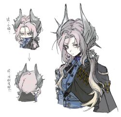 Rule 34 | 1girl, black cape, blue jacket, cape, chibi, chibi inset, chinese text, closed mouth, cropped torso, grey eyes, grey hair, hair ornament, highres, jacket, long hair, looking at viewer, low ponytail, military uniform, mishiro (sarolttf), multiple views, ponytail, reverse:1999, rifle cartridge, sentinel (reverse:1999), side cape, solo, translation request, upper body, white background