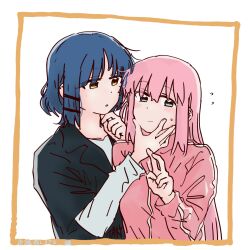 2girls absurdres bent_v blue_eyes blue_hair blush bocchi_the_rock! commentary_request flying_sweatdrops gotoh_hitori hair_ornament hairclip hand_on_another&#039;s_chin highres jacket layered_sleeves long_hair long_sleeves looking_at_another looking_to_the_side multiple_girls parted_lips pink_hair short_hair short_over_long_sleeves short_sleeves sweat taki_ritzk0u track_jacket upper_body v yamada_ryo yellow_eyes yuri