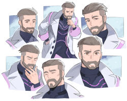 1boy bara beard bodysuit brown_hair closed_eyes coat cowboy_shot creatures_(company) facial_hair full_beard game_freak hand_in_pocket hand_on_own_chin highres male_focus multiple_views mustache nintendo open_clothes open_coat pokemon pokemon_sv portrait purple_bodysuit saida_(ohda_ooda) thick_eyebrows thinking turo_(pokemon) two-tone_bodysuit undercut