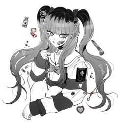 Rule 34 | 1girl, amemiya darumi, bandages, blood, bloody bandages, boxcutter, highres, long hair, long sleeves, looking at viewer, makeup, monochrome, multicolored hair, palme310, pill, poison, runny makeup, school uniform, scissors, shirt, sidelocks, simple background, sleeves past wrists, solo, spot color, striped clothes, striped shirt, the hundred line -last defense academy-, twintails
