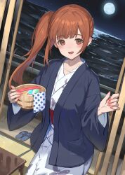 18_yen_coin 1girl absurdres bath_yukata blush brown_hair bucket collarbone commentary_request fingernails full_moon hanten_(clothes) highres holding holding_bucket idolmaster idolmaster_cinderella_girls igarashi_kyoko indoors japanese_clothes kimono long_hair looking_at_viewer moon side_ponytail smile solo tatami very_long_hair wooden_bucket yukata