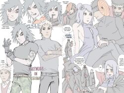 Rule 34 | 1girl, akatsuki (naruto), akatsuki uniform, akatsukiarts, black hair, blush, closed eyes, dress, english text, konan (naruto), looking at another, makeup, mask, multiple boys, naruto (series), naruto shippuuden, pain (naruto), punching, purple hair, scar, scar on face, short hair, tobi (naruto), uchiha madara, uchiha obito