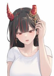 asymmetrical_horns black_hair black_nails bluejump broken_horn broken_horns buttbbol chain cross cross_earrings demon_horns earrings hair_lift highres horns jegal_geumja jewelry long_hair multicolored_hair red_eyes red_hair red_horns shirt simple_background slit_pupils white_background white_shirt