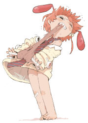 1girl 999knight animal_ears bandaid barefoot blush full_body original rabbit_ears shirt short_hair solo teeth