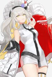 1girl absurdres arm_behind_head artist_name bare_shoulders blonde_hair commentary dated dress fate/grand_order fate_(series) grey_hair hat highres jacket long_hair looking_at_viewer marie_antoinette_(fate) marie_antoinette_alter_(fate) marie_antoinette_alter_(first_ascension)_(fate) multicolored_hair nagato_sara off_shoulder open_clothes open_jacket simple_background sleeveless sleeveless_dress solo twintails two-tone_hair white_dress white_hat white_jacket yellow_eyes
