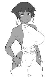 1girl bare_shoulders black_eyes blunt_bangs bracelet breasts collarbone cowboy_shot dark-skinned_female dark_skin earrings greyscale hoop_earrings jewelry large_breasts light_smile looking_at_viewer monochrome multiple_bracelets nefertari_(tsukudani) no_bra original short_hair sideboob simple_background standing thighs tsukudani_(coke-buta) very_short_hair white_background
