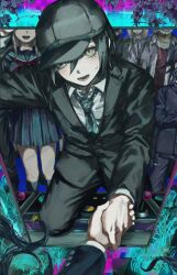 3boys 3girls akamatsu_kaede black_hair black_hat blonde_hair blush brown_eyes buttons climbing danganronpa_(series) danganronpa_v3:_killing_harmony eyelashes flipped_hair hair_between_eyes hat highres jacket k1-b0 long_hair long_sleeves looking_at_viewer male_focus medium_hair momota_kaito multiple_boys multiple_girls muted_color necktie oma_kokichi open_mouth pants pov pov_hands ringed_eyes saihara_shuichi school_uniform shirogane_tsumugi shirt short_hair skirt smile solo_focus spoilers sweatdrop umesigeissei yonaga_angie