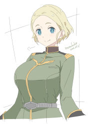 1girl artist_name blonde_hair blue_eyes breasts closed_mouth commentary_request dated freckles gundam gundam_gquuuuuux highres kichihachi large_breasts long_sleeves looking_at_viewer military_uniform sepha_(gundam_gquuuuuux) short_hair smile solo