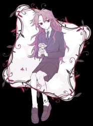 1boy black_jacket black_necktie black_shorts brown_shoes closed_mouth collared_shirt colored_eyelashes commentary_request curtained_hair dated expressionless flower full_body hatsutori_hajime highres holding holding_flower invisible_chair jacket kneehighs lapels long_hair male_focus necktie notched_lapels parted_bangs pink_hair poka_(user_kypt4454) red_eyes rose saibou_shinkyoku shirt shoes shorts sitting socks solo white_flower white_rose white_shirt white_socks