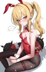Rule 34 | ..., 1girl, absurdres, animal ears, black pantyhose, blonde hair, bow, bowtie, breasts, cleavage, detached collar, fake animal ears, highres, icetea art, leotard, long hair, looking at viewer, luciana de montefio, lucy&#039;s crew (zenless zone zero), pantyhose, playboy bunny, rabbit ears, red bow, red bowtie, red eyes, red leotard, side ponytail, sitting, small breasts, solo, spoken ellipsis, torn clothes, torn pantyhose, zenless zone zero