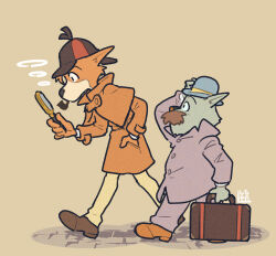 2boys animal_nose briefcase brown_coat brown_footwear brown_fur coat detective doctor_watson_(meitantei_holmes) dog_boy facial_hair furry furry_male grey_coat grey_fur hat highres holding holding_briefcase holding_magnifying_glass long_sleeves magnifying_glass meitantei_holmes multiple_boys mustache pipe_in_mouth sherlock_holmes_(meitantei_holmes) smoking_pipe undersyaro walking