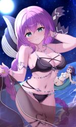 2girls absurdres bikini black_bikini blue_eyes bracelet braid breasts cleavage eris_(princess_connect!) flower hair_ornament highres innertube jewelry large_breasts long_hair misora_(princess_connect!) multiple_girls navel necklace night night_sky pink_hair princess_connect! purple_hair sen_chan_(akane1023) single_braid sky smile star_(sky) starry_sky swim_ring swimsuit twin_braids very_long_hair water