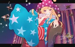 Rule 34 | 1girl, akagashi hagane, american flag, american flag pants, american flag print, american flag shirt, black border, blonde hair, blush, border, chair, closed mouth, clownpiece, commentary request, commission, fingernails, flag print, gradient background, hair between eyes, hand up, hat, jester cap, long fingernails, long hair, looking at viewer, neck ruff, no shoes, outside border, pants, pantyhose, pink eyes, pink hat, polka dot, print pants, print shirt, purple background, purple eyes, purple hat, sharp teeth, shirt, short sleeves, sitting, skeb commission, smile, solo, star (symbol), star in eye, star print, striped clothes, striped pants, striped shirt, symbol in eye, teeth, touhou