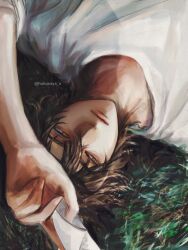 1boy black_hair brown_hair cheng_xiaoshi closed_mouth grass hair_between_eyes highres holding holding_photo hukusaya looking_at_viewer lying male_focus on_back on_grass photo_(object) realistic shiguang_dailiren shirt short_hair solo twitter_username upper_body upside-down white_shirt yellow_eyes