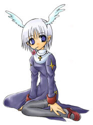 1girl ark_kan black_thighhighs blue_eyes closed_mouth commentary_request cross cross_necklace dress expressionless feathered_wings full_body head_wings jewelry juliet_sleeves long_sleeves looking_at_viewer mary_janes necklace pointy_ears priest_(ragnarok_online) puffy_sleeves purple_dress ragnarok_online red_shoes shoes short_hair simple_background sitting solo thighhighs white_background white_hair white_wings wings