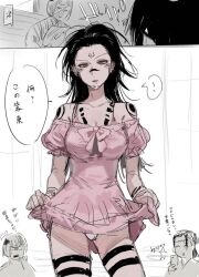 1girl 2boys arm_tattoo black_hair bob_cut bow breasts cleavage clothes_lift dress facial_tattoo fallsoki genderswap genderswap_(mtf) getou_suguru getou_suguru_(kenjaku) hand_up holding holding_phone jujutsu_kaisen looking_down messy_hair multiple_boys panties phone pink_bow pink_dress red_eyes ryoumen_sukuna_(jujutsu_kaisen) shoulder_tattoo sketch skirt skirt_lift sweatdrop taking_picture tattoo underwear uraume_(jujutsu_kaisen) white_hair white_panties