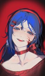 1girl absurdres blood blood_on_face blood_splatter blue_eyes blue_hair blush bow bow_choker chinese_commentary choker collarbone commentary crazy_mita_(miside) forehead getemeigui075 hair_ornament hairband hairclip half-closed_eyes head_tilt highres looking_at_viewer low_twintails miside mita_(miside) open_mouth parted_bangs portrait red_background red_choker red_hairband red_sweater shadow smile solo spotlight sweater twintails upper_body