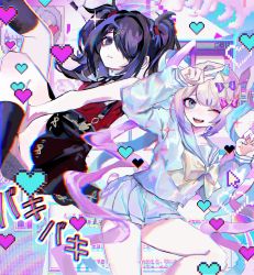 2girls ;d absurdres ame-chan_(needy_girl_overdose) bags_under_eyes black_eyes black_hair black_legwear black_skirt blonde_hair blue_eyes blue_hair blue_sailor_collar blue_shirt blue_skirt chinese_commentary chouzetsusaikawa_tenshi-chan chromatic_aberration fangs glitch gradient_hair hair_ornament hair_over_one_eye heart highres jintianyeshibaikaishui long_hair long_sleeves multicolored_hair multiple_girls neck_ribbon needy_girl_overdose one_eye_closed open_mouth pink_hair pink_heart pleated_skirt purple_hair quad_tails red_shirt ribbon sailor_collar school_uniform serafuku shirt skirt smile socks sparkle suspender_skirt suspenders twintails window_(computing) x_hair_ornament yellow_ribbon