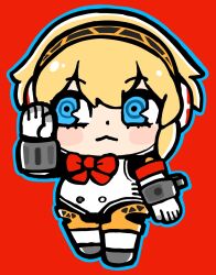 1girl :&lt; aigis_(persona) android armband bkub blonde_hair blue_eyes blue_outline blush_stickers bow bowtie chibi chibi_only closed_mouth dot_nose full_body hair_between_eyes hairband headphones highres joints outline persona persona_3 red_armband red_background red_bow red_bowtie ringed_eyes robot_joints short_hair simple_background solo