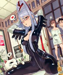 1boy 2girls ayase_momo ayase_seiko bayonetta bayonetta_(cosplay) bayonetta_(series) bayonetta_1 beehive_hairdo beer_bottle black_bodysuit black_hair blush bodysuit bottle breasts brown_eyes brown_hair cat cesar_art456 cleavage_cutout clothing_cutout commentary_request cosplay dandadan earrings glasses grey_hair heart highres indoors jewelry large_breasts long_hair looking_at_viewer multiple_girls no_pants off_shoulder one_eye_closed parted_lips poster_(object) red-framed_eyewear sake_bottle seiza semi-rimless_eyewear shiny_clothes shirt short_hair short_sleeves sitting solo_focus spanish_commentary spoken_heart standing t-shirt takakura_ken_(dandadan) thick_eyebrows turbo_granny_(dandadan) twitter_username under-rim_eyewear very_long_hair white_shirt