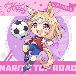 1girl animal_ears ball black_socks blue_shorts brown_eyes brown_hair cleats dated full_body happy_birthday horse_ears narita_top_road_(umamusume) open_mouth pink_background shirt shorts soccer_ball soccer_uniform socks solo sportswear tail tomato_mameta umamusume white_shirt