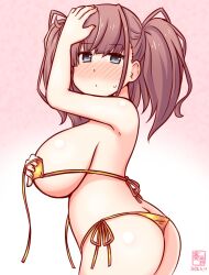 1girl artist_logo ass atlanta_(kancolle) bikini blush breasts brown_hair butt_crack covering_breasts covering_privates cowboy_shot dated gold_bikini gradient_background grey_eyes hand_on_own_head kanon_(kurogane_knights) kantai_collection large_breasts logo long_hair looking_at_viewer micro_bikini nose_blush one-hour_drawing_challenge pink_background side-tie_bikini_bottom solo swimsuit thong_bikini two_side_up untied_bikini