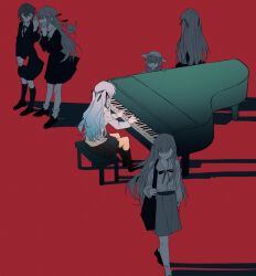 age_progression bang_dream! bang_dream!_it&#039;s_mygo!!!!! black_ribbon black_skirt black_socks blue_hair child chinese_commentary commentary_request grand_piano grey_jacket hair_between_eyes hair_ribbon haneoka_school_uniform hat highres holding holding_notebook instrument jacket kneehighs long_hair long_sleeves looking_at_another music notebook piano piano_bench playing_instrument playing_piano pleated_skirt red_background ribbon school_uniform shadow shinota12 short_hair skirt socks sun_hat takamatsu_tomori togawa_sakiko tsukinomori_school_uniform